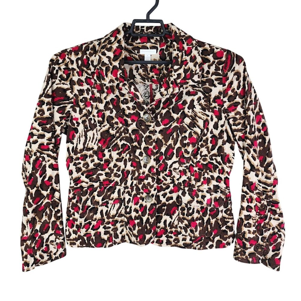 Womens Charter Club Leopard Print Corduroy Jacket Button Front Long Sleeves L
